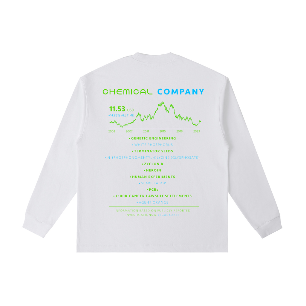 Back view of a white long-sleeve T-shirt featuring a chemical company stock report with green and blue typography, a price chart, and references to industrial chemicals, environmental contamination, and corporate misconduct.