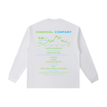 Back view of a white long-sleeve T-shirt featuring a chemical company stock report with green and blue typography, a price chart, and references to industrial chemicals, environmental contamination, and corporate misconduct.