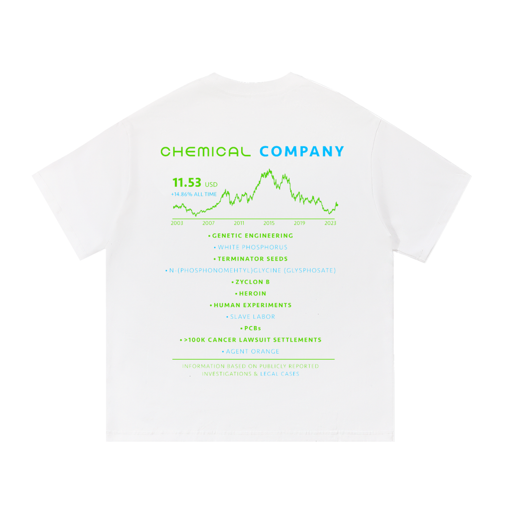 Back view of a white short-sleeve T-shirt featuring a chemical company stock report with green and blue typography, a price chart, and references to industrial chemicals, environmental contamination, and corporate misconduct.