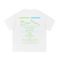 Back view of a white short-sleeve T-shirt featuring a chemical company stock report with green and blue typography, a price chart, and references to industrial chemicals, environmental contamination, and corporate misconduct.