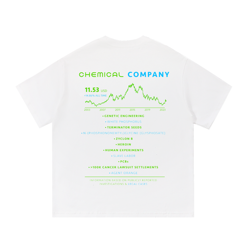 Back view of a white short-sleeve T-shirt featuring a chemical company stock report with green and blue typography, a price chart, and references to industrial chemicals, environmental contamination, and corporate misconduct.