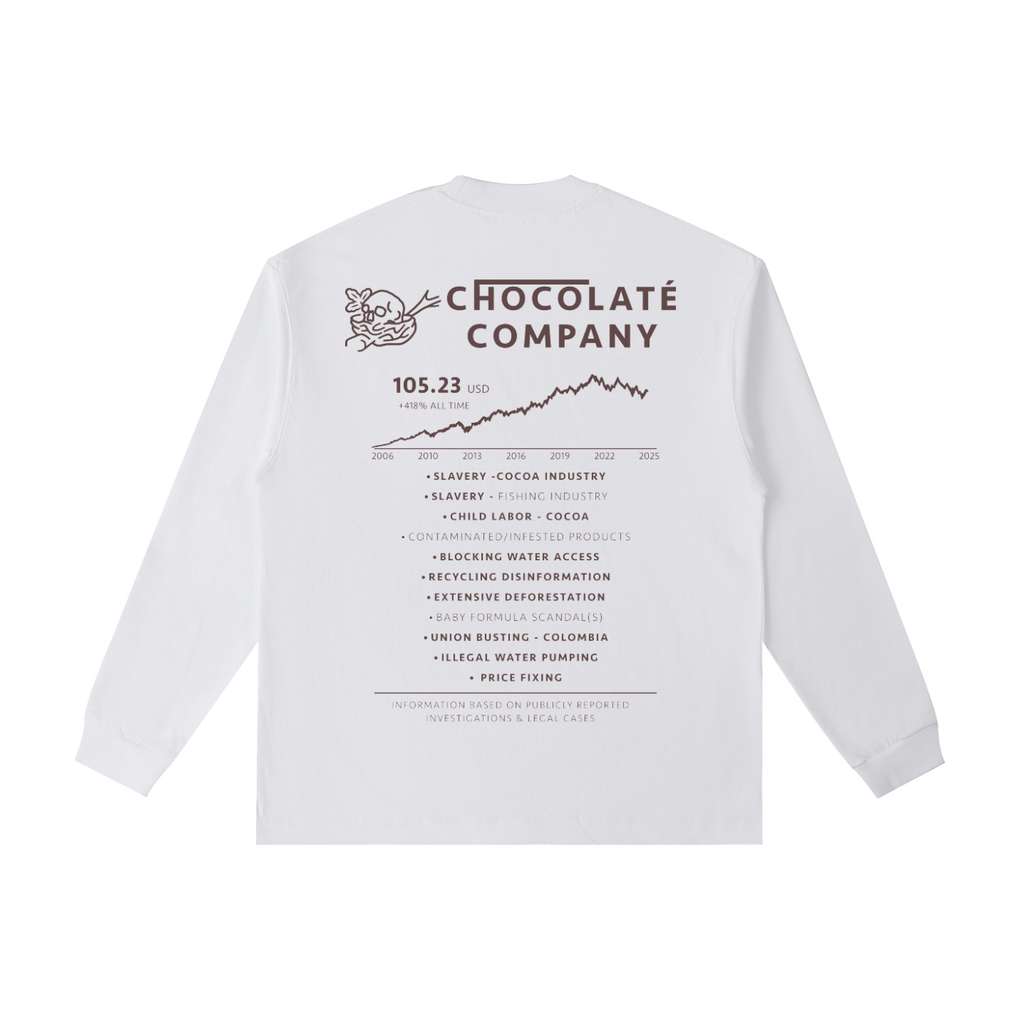 Back view of a white long-sleeve T-shirt featuring a faux chocolate company stock report with a rising price chart and a list referencing labor, environmental, and corporate controversies.