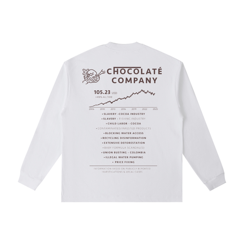 Back view of a white long-sleeve T-shirt featuring a faux chocolate company stock report with a rising price chart and a list referencing labor, environmental, and corporate controversies.