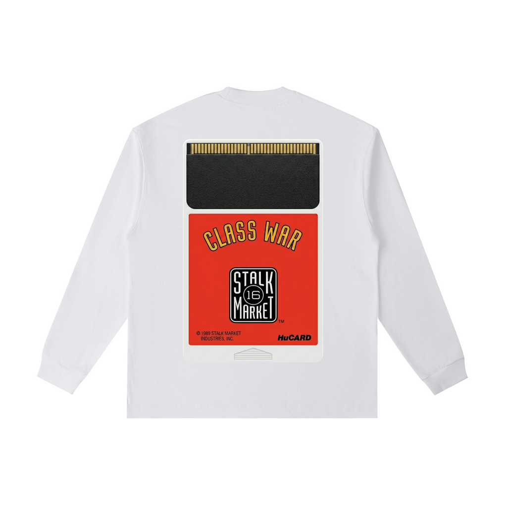 Back view of a white long-sleeve T-shirt featuring a retro PC Engine HuCARD game cartridge labeled "Class War" with Stalk Market branding.