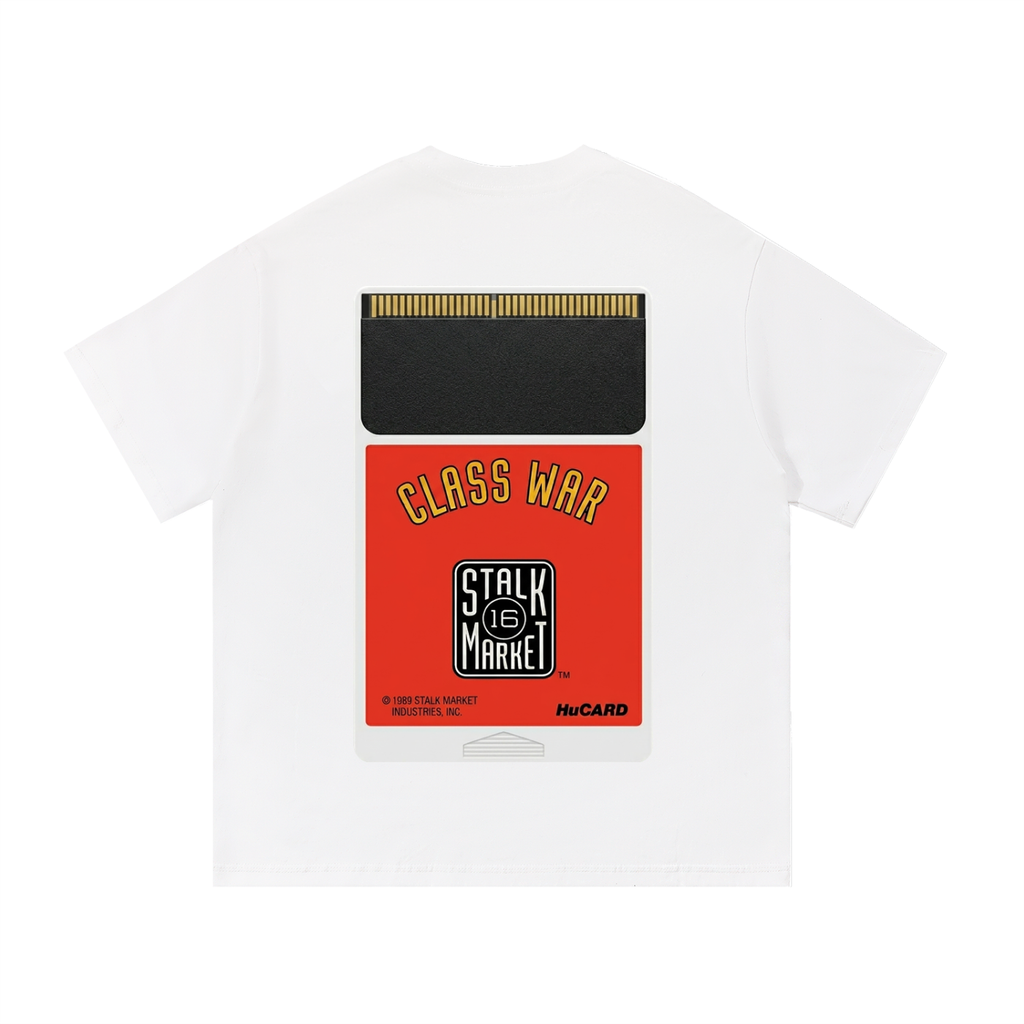 Back view of a white short-sleeve T-shirt featuring a retro PC Engine HuCARD game cartridge labeled "Class War" with Stalk Market branding.