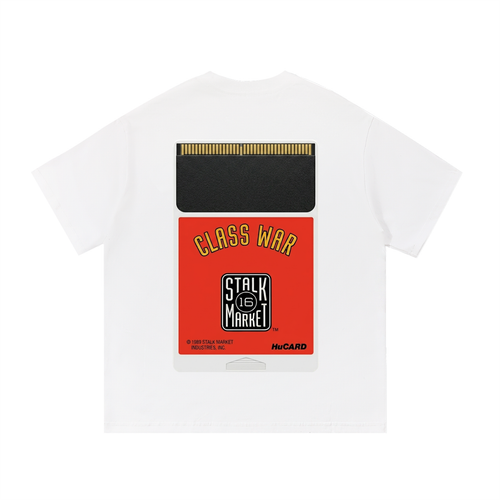Back view of a white short-sleeve T-shirt featuring a retro PC Engine HuCARD game cartridge labeled "Class War" with Stalk Market branding.