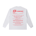 Back view of a white long-sleeve T-shirt featuring a parody cola company stock report with a rising price chart and references to environmental, political, and public health controversies.