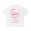 Back view of a white short-sleeve T-shirt featuring a parody cola company stock report with a rising price chart and references to environmental, political, and public health controversies.