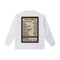 Back view of a white long-sleeve T-shirt featuring a vintage changeable letter board listing consumer prices for gasoline, rent, coffee, concert tickets, wages, and other everyday goods beneath the heading "Stalk Market."