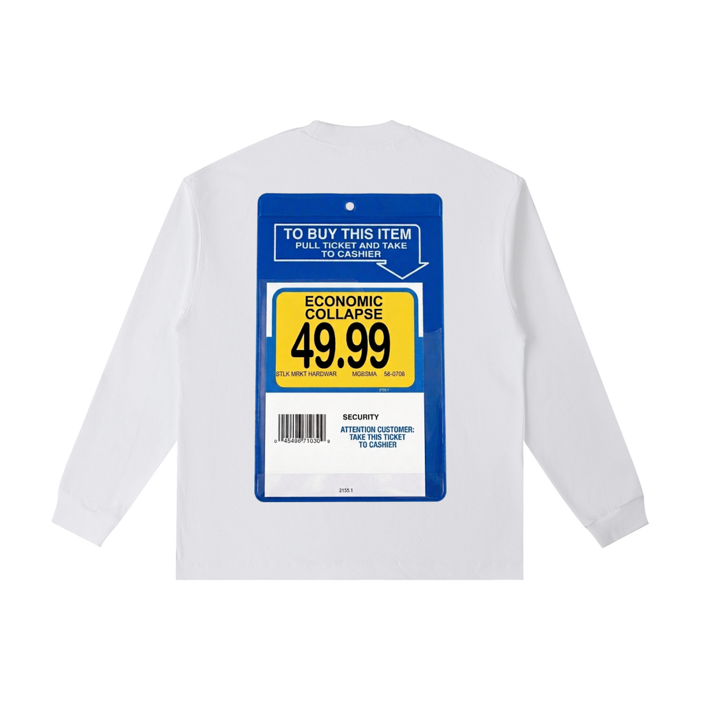 Back view of a white long-sleeve T-shirt featuring a blue Toysrus video game retail security display card labeled "Economic Collapse" with a mock store price tag, barcode, and checkout instructions.