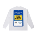 Back view of a white long-sleeve T-shirt featuring a blue Toysrus video game retail security display card labeled "Economic Collapse" with a mock store price tag, barcode, and checkout instructions.