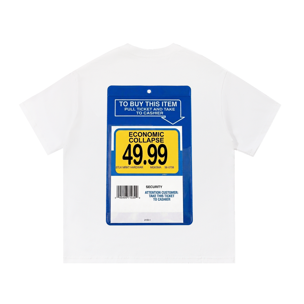 Back view of a white short-sleeve T-shirt featuring a blue Toysrus video game retail security display card labeled "Economic Collapse" with a mock store price tag, barcode, and checkout instructions.