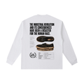 Back view of a white long-sleeve T-shirt featuring a worn industrial shoe, technical product specifications, and the headline "The Industrial Revolution and Its Consequences Have Been a Disaster for the Human Race."