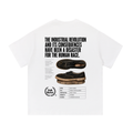Back view of a white short-sleeve T-shirt featuring a worn industrial shoe, technical product specifications, and the headline "The Industrial Revolution and Its Consequences Have Been a Disaster for the Human Race."