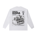 Back view of a white long-sleeve T-shirt featuring a detailed technical illustration of a Komatsu D355A bulldozer styled as a heavy equipment repair manual cover.