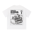 Back view of a white short-sleeve T-shirt featuring a detailed technical illustration of a Komatsu D355A bulldozer styled as a heavy equipment repair manual cover.