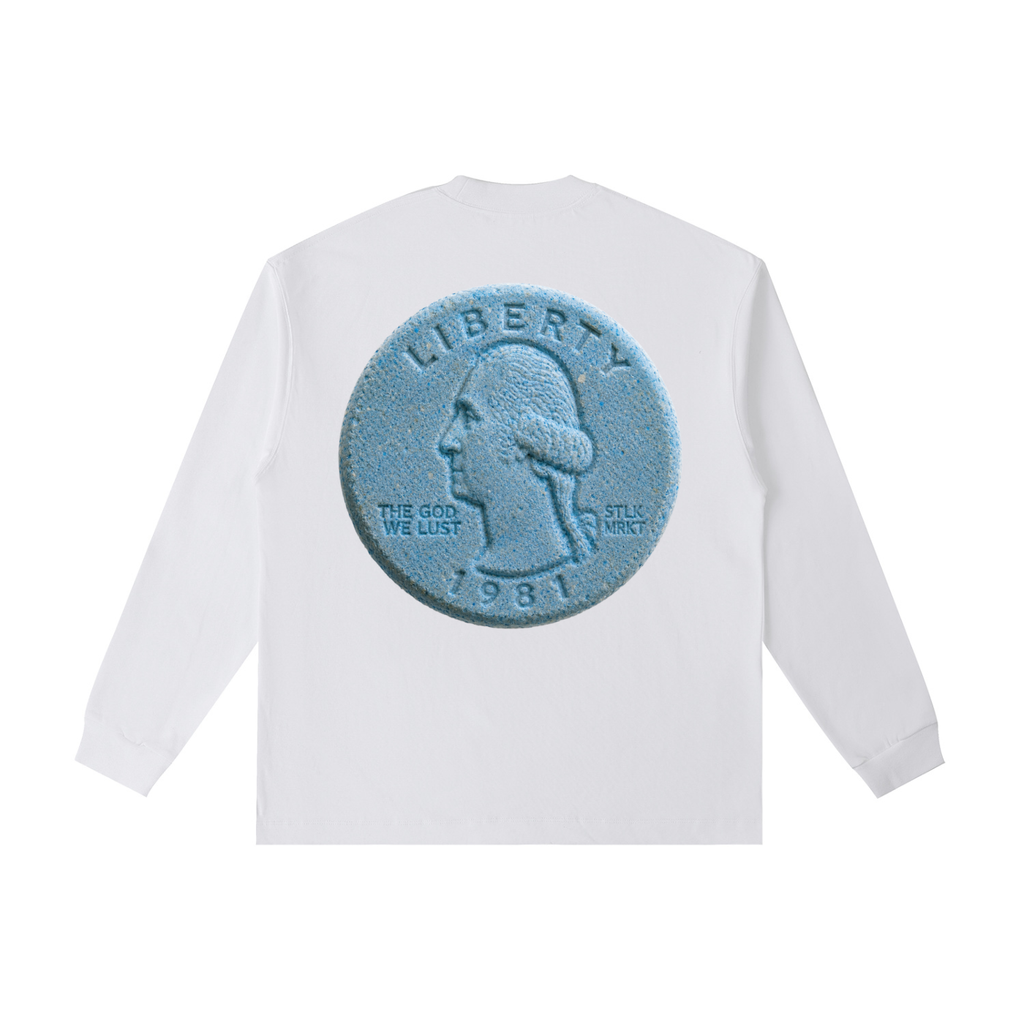 Back view of a white long-sleeve T-shirt featuring a large blue tablet designed to resemble a U.S. quarter with George Washington, the words "THE GOD WE LUST," and "1981."