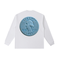 Back view of a white long-sleeve T-shirt featuring a large blue tablet designed to resemble a U.S. quarter with George Washington, the words "THE GOD WE LUST," and "1981."