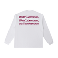 Back view of a white long-sleeve T-shirt featuring the Latin phrase "Mater Tenebrarum, Mater Lachrymarum, and Mater Suspiriorum" printed in dark red Gothic lettering.