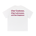 Back view of a white short-sleeve T-shirt featuring the Latin phrase "Mater Tenebrarum, Mater Lachrymarum, and Mater Suspiriorum" printed in dark red Gothic lettering.