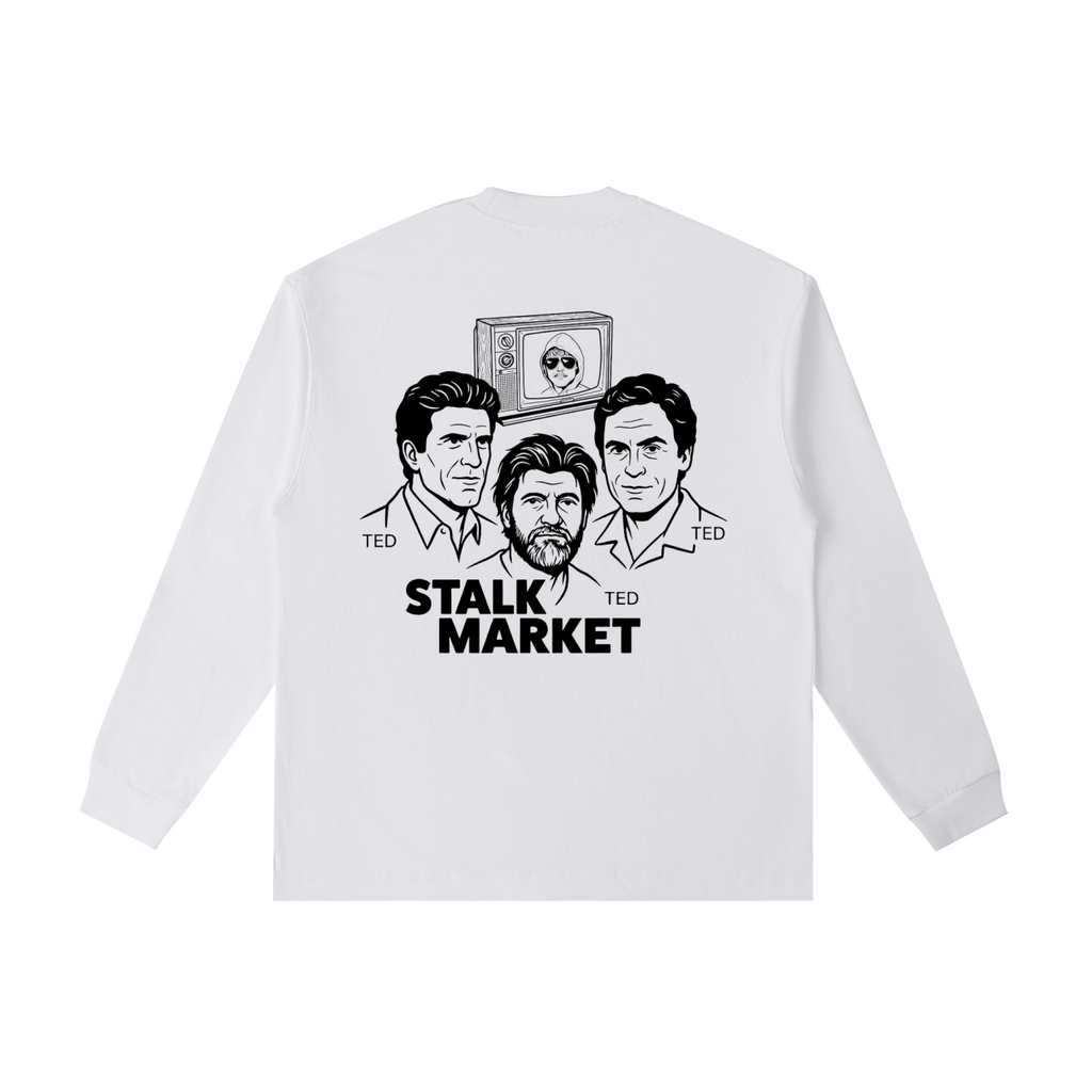 Back view of a white long-sleeve T-shirt featuring illustrated portraits of Ted Danson, Ted Kaczynski, and Ted Bundy beneath a vintage television graphic with Stalk Market branding.