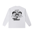 Back view of a white long-sleeve T-shirt featuring illustrated portraits of Ted Danson, Ted Kaczynski, and Ted Bundy beneath a vintage television graphic with Stalk Market branding.
