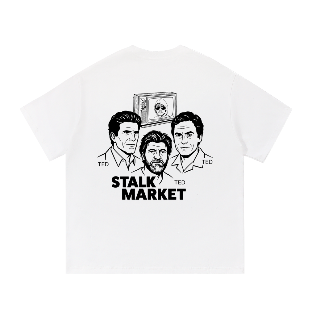 Back view of a white short-sleeve T-shirt featuring illustrated portraits of Ted Danson, Ted Kaczynski, and Ted Bundy beneath a vintage television graphic with Stalk Market branding.