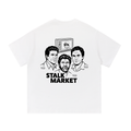Back view of a white short-sleeve T-shirt featuring illustrated portraits of Ted Danson, Ted Kaczynski, and Ted Bundy beneath a vintage television graphic with Stalk Market branding.