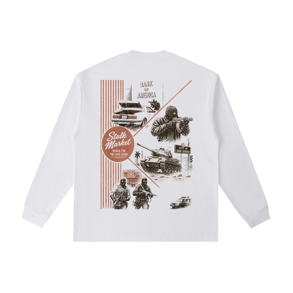 Back view of a white long-sleeve T-shirt featuring a collage inspired by California crime reporting with armored vehicles, police imagery, a bank robbery scene, and the phrase "wares for the late stage."