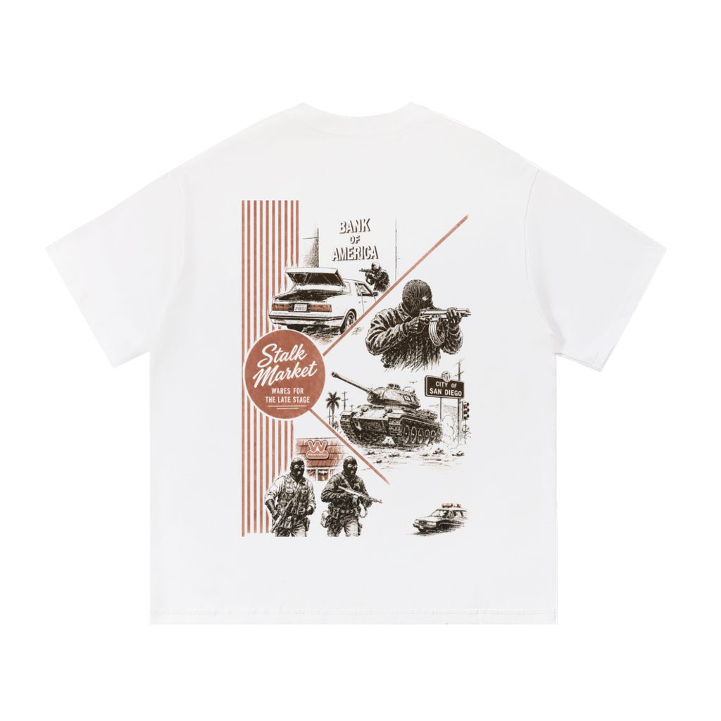 Back view of a white short-sleeve T-shirt featuring a collage inspired by California crime reporting with armored vehicles, police imagery, a bank robbery scene, and the phrase "wares for the late stage."