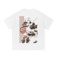 Back view of a white short-sleeve T-shirt featuring a collage inspired by California crime reporting with armored vehicles, police imagery, a bank robbery scene, and the phrase "wares for the late stage."