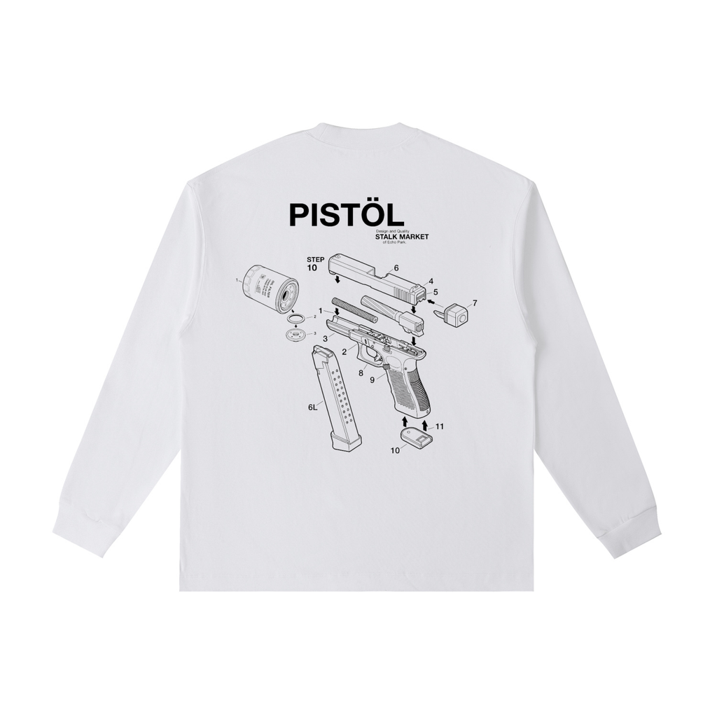 Back view of a white long-sleeve T-shirt featuring an exploded technical diagram of a semi-automatic pistol with numbered components in an engineering illustration style.