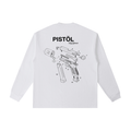 Back view of a white long-sleeve T-shirt featuring an exploded technical diagram of a semi-automatic pistol with numbered components in an engineering illustration style.