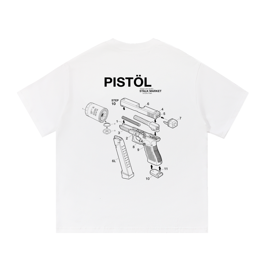 Back view of a white short-sleeve T-shirt featuring an exploded technical diagram of a semi-automatic pistol with numbered components in an engineering illustration style.