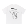 Back view of a white short-sleeve T-shirt featuring an exploded technical diagram of a semi-automatic pistol with numbered components in an engineering illustration style.